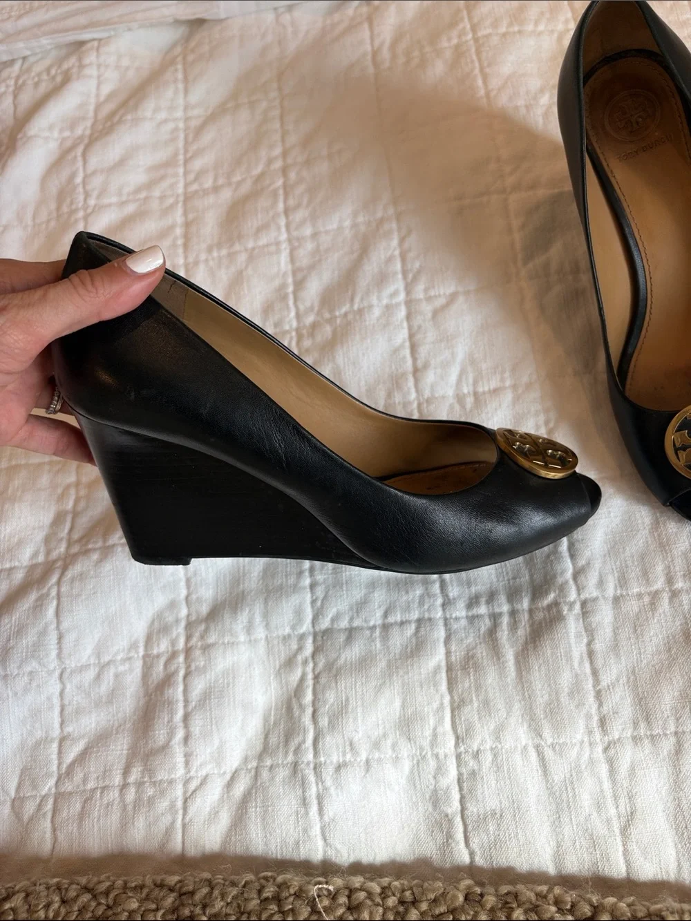 Tory Burch Black Peep-Toe Pumps with Gold Logo Medallion